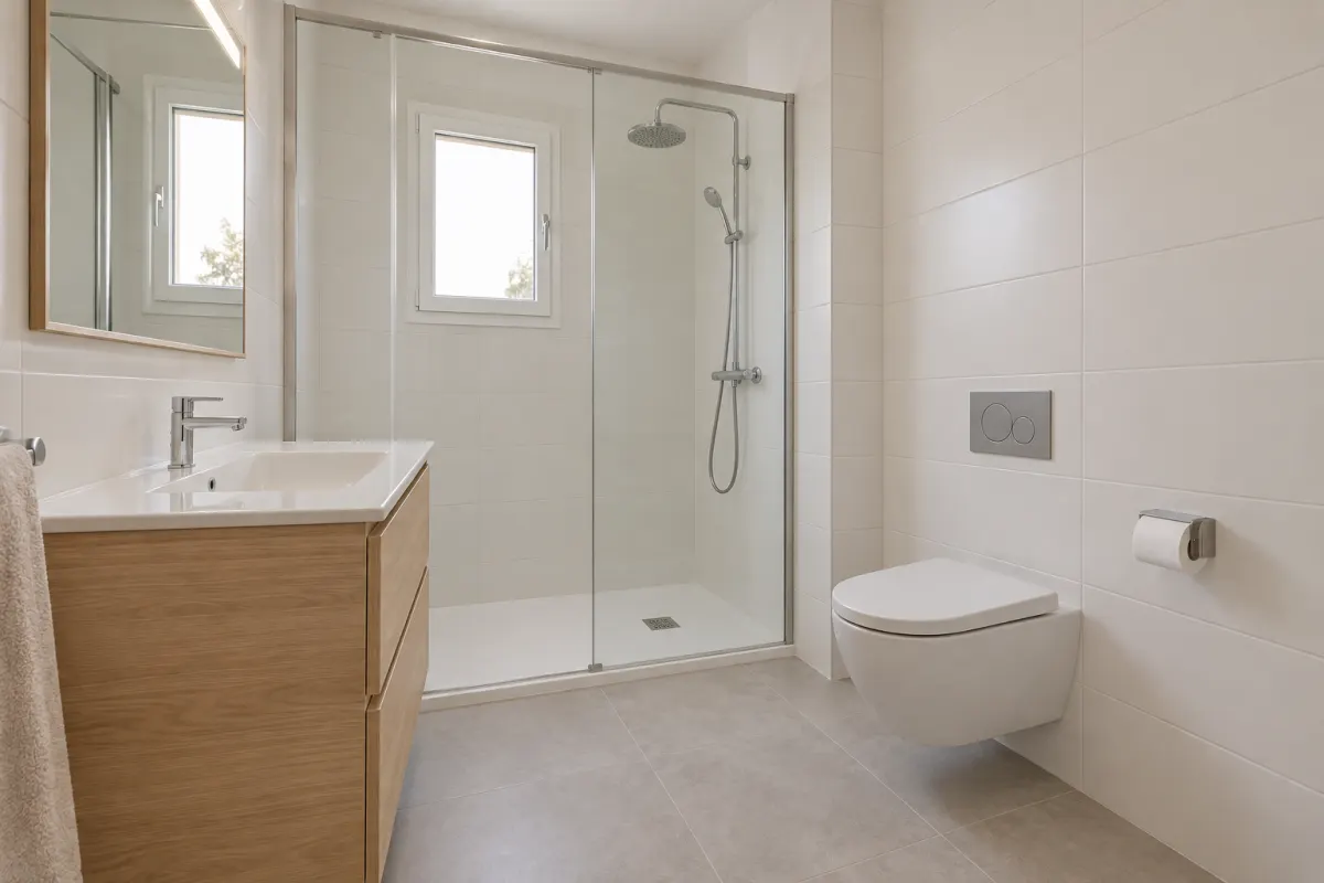 El mismo baño reformado: ducha con mampara, inodoro suspendido, mueble de lavabo de madera y azulejo claro (imagen generada con IA)