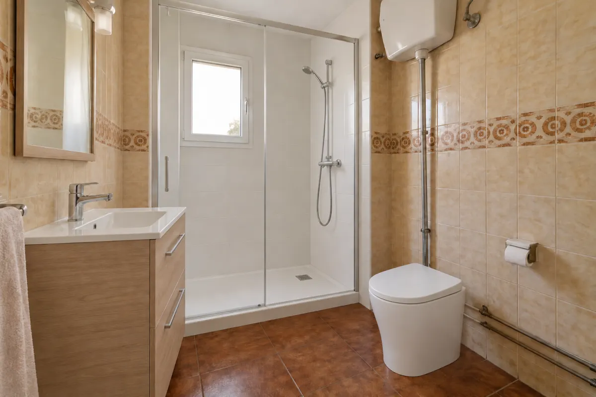 El mismo baño antiguo con plato de ducha y mampara donde estaba la bañera, mueble de lavabo de madera clara e inodoro nuevos; los azulejos, el suelo y la cisterna alta, los de antes (imagen generada con IA)