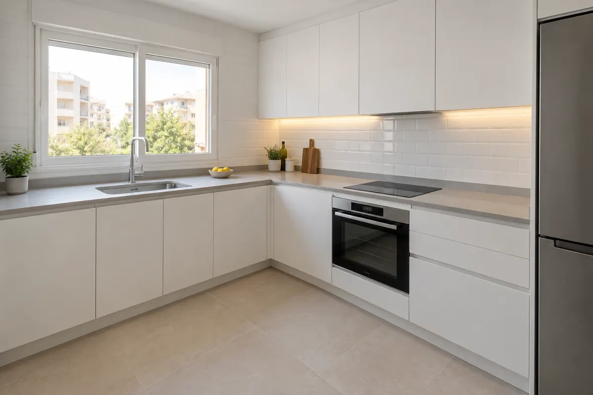 Cocina reformada en L con muebles blancos, encimera clara, placa, horno y ventana (imagen generada con IA)