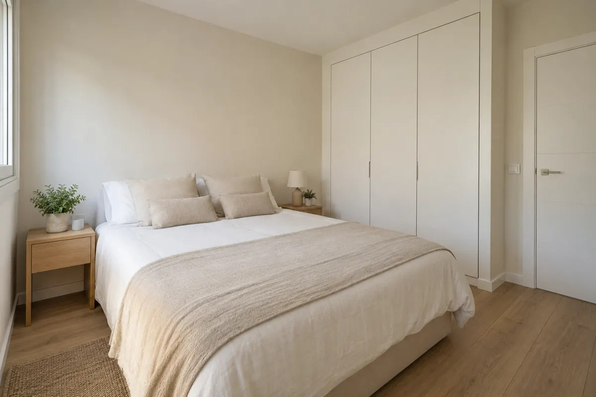 Dormitorio reformado con cama de matrimonio, armario empotrado blanco y suelo de madera (imagen generada con IA)