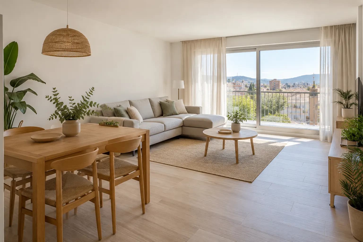 Salón comedor reformado con mesa de madera, sofá claro y ventanal con vistas a la ciudad (imagen generada con IA)