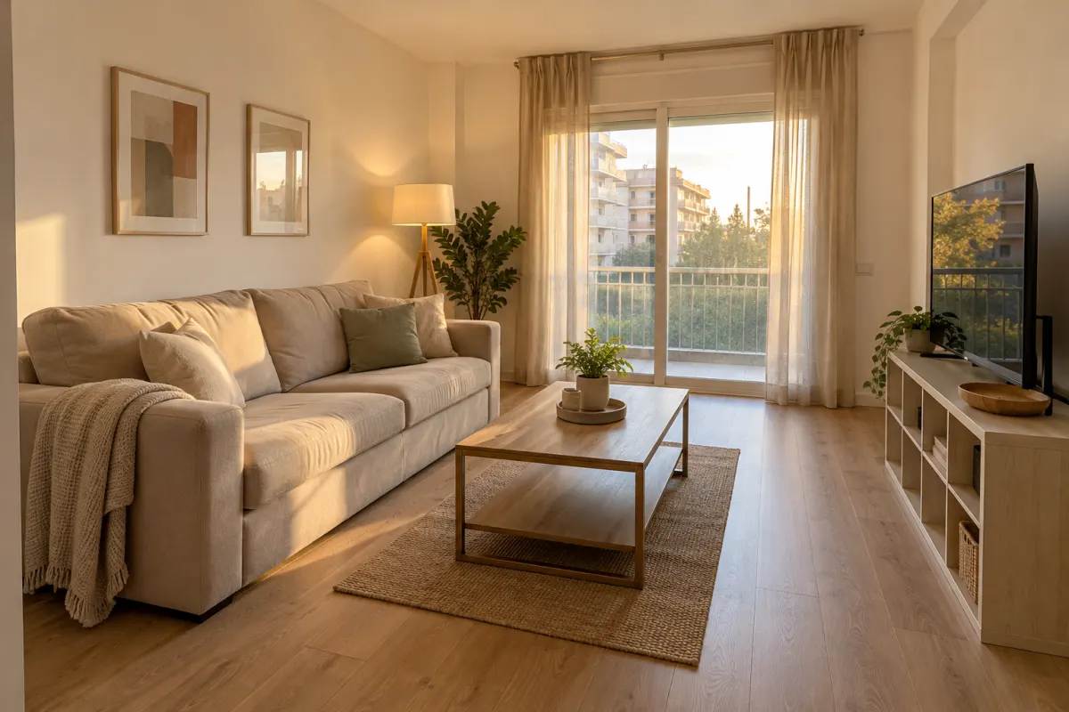 Salón reformado con sofá claro, mesa de centro de madera, suelo de madera y ventanal (imagen generada con IA)